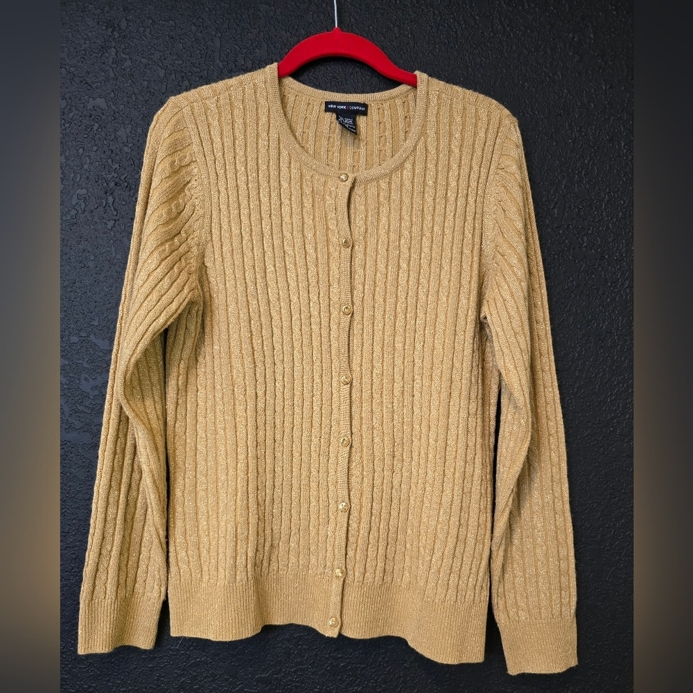 New York & Company Button Down Embroidered Sweater Color Gold Size Medium